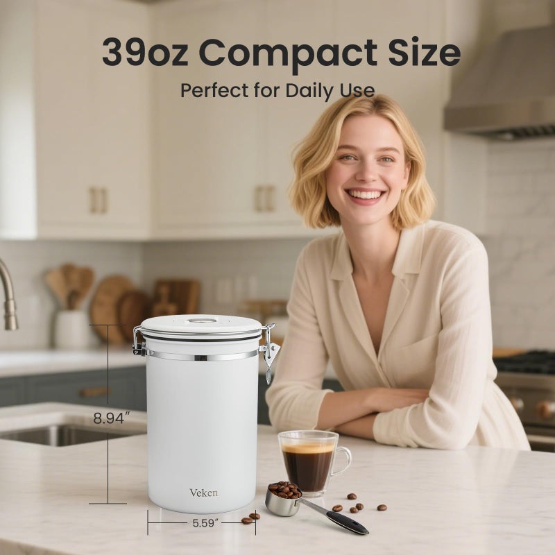 Veken Coffee Canister, 39OZ Large, Airtight Stainless Steel Food Storage Container for 2.2lbs Coffee Beans, Ground, Sugar, Tea, Flour, Cereal, Kitchen Bar Accessories with Date Tracker & Scoop, White - Image 3