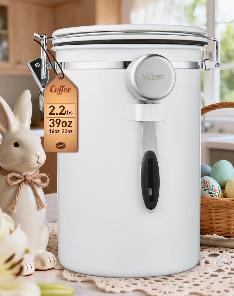 Veken Coffee Canister, 39OZ Large, Airtight Stainless Steel Food Storage Container for 2.2lbs Coffee Beans, Ground, Sugar, Tea, Flour, Cereal, Kitchen Bar Accessories with Date Tracker & Scoop, White - Image 1