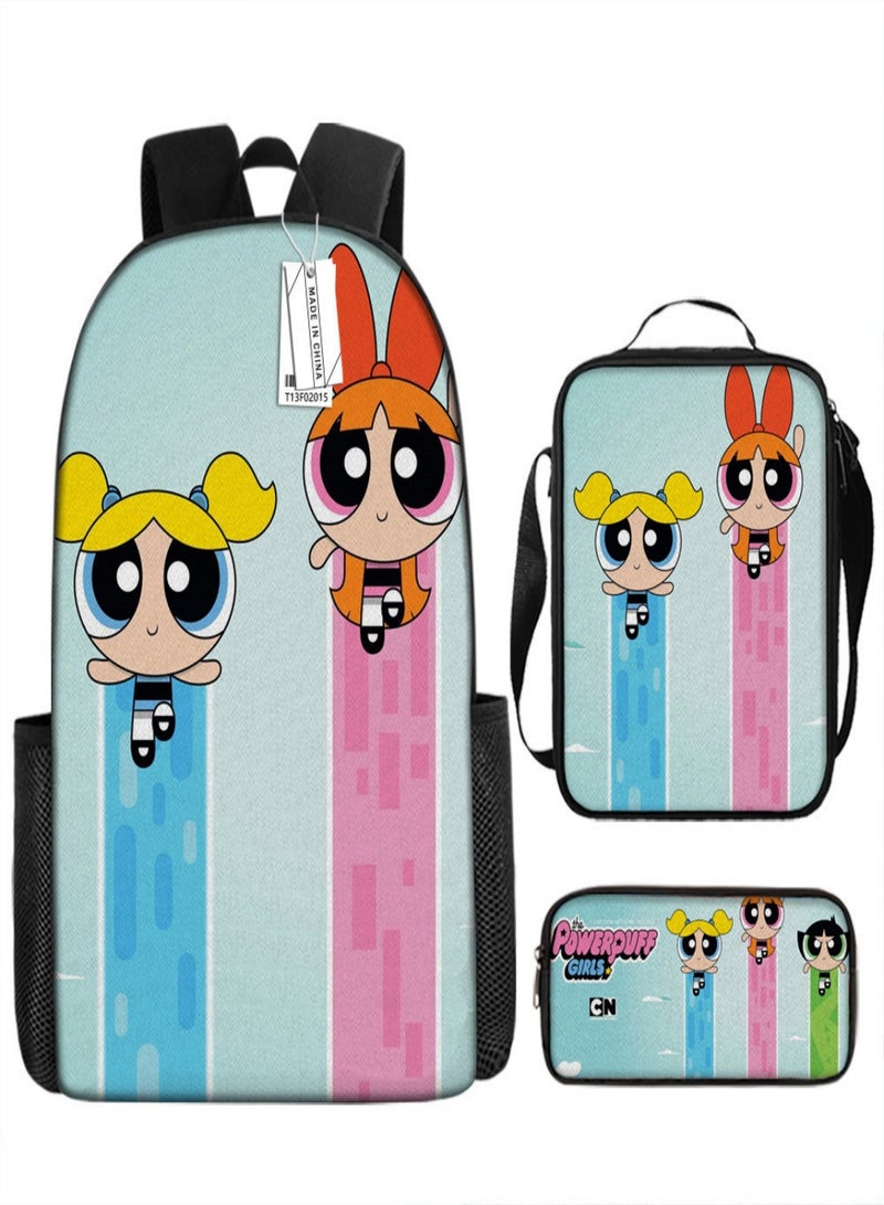the powerpuff girls Children Backpack Schoolbag Teen Student School Book bag with Lunch Box Pen Case 3 in 1 for Kids