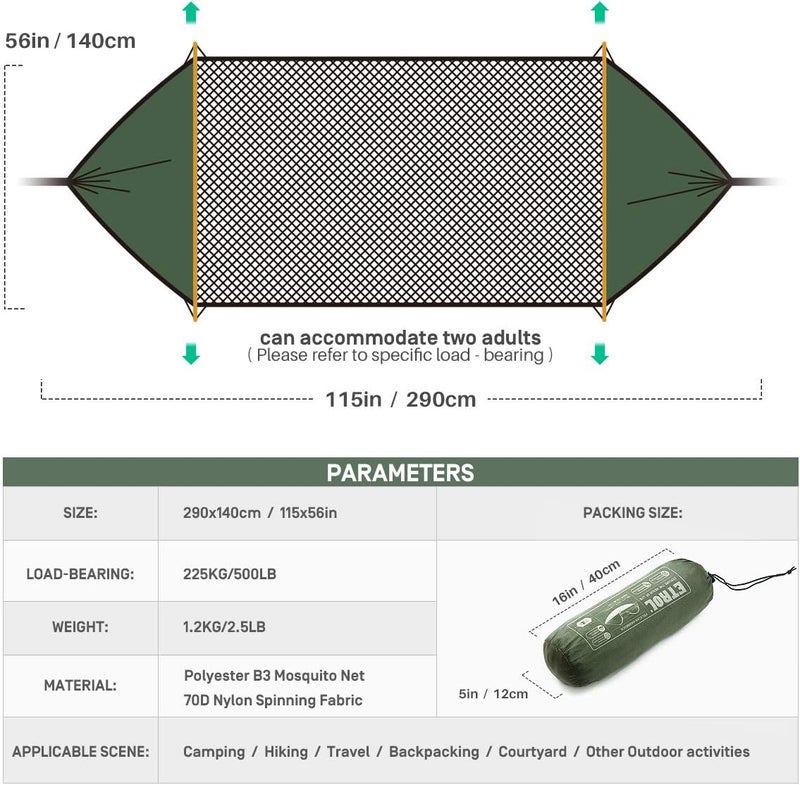 ETROL Camping Hammock with Mosquito Net,3 in 1 Function Parachute Portable Hammock,Double & Single Hammocks Tent for Travel Outdoor Indoor Hiking Patio - with Tree ​Straps,Carabiners,Aluminium Poles - Image 3