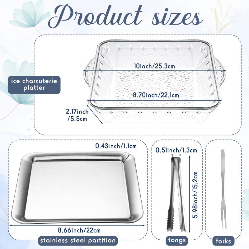 Baderke 4 Set 9" Chilled Serving Tray for Parties with Compartments Ice Chilled Party Platter Charcuterie Serving Board Cold Dish Dip with Forks Tongs for Fruit Seafood Vegetable Appetizer(Silver) - Image 2