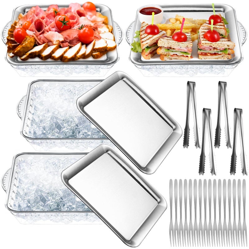 Baderke 4 Set 9" Chilled Serving Tray for Parties with Compartments Ice Chilled Party Platter Charcuterie Serving Board Cold Dish Dip with Forks Tongs for Fruit Seafood Vegetable Appetizer(Silver) - Image 1