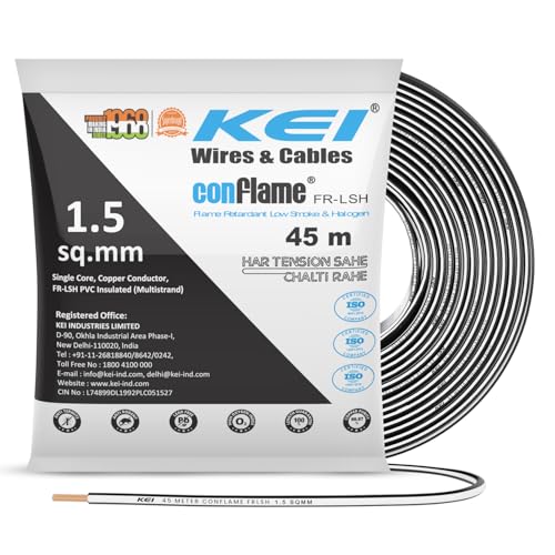 KEI CONFLAME FRLSH 1.5 sqmm 1 Core Copper Heat Resistant Flame Retardant Low Smoke & Halogen - Lead Free House Wire for Domestic & Industrial Electrical Wiring (Black, 45 Meters) - Image 1