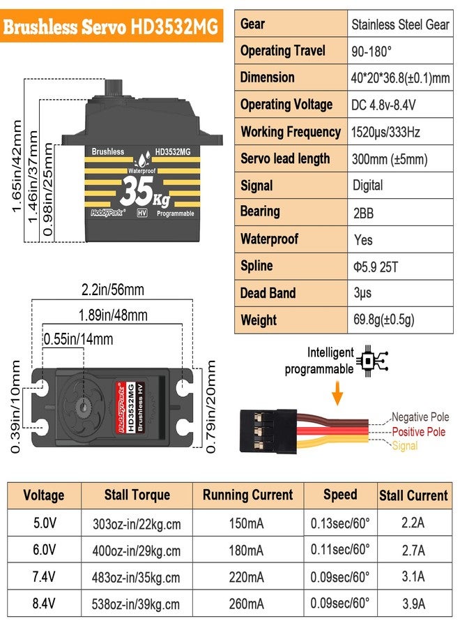 HobbyPark Waterproof RC Servo High Torque Brushless Motor Metal Gear Digital Servo for 1/8 1/10 RC Crawler Car RC Truck Buggy RC Basher Bashing HV 8.4V (35kg Torque) - Image 3