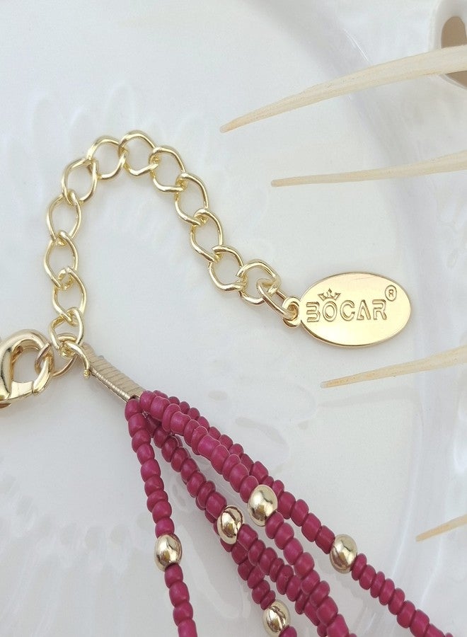 Bocar Multi Layer 5 Strand Statement Collar Beaded Necklace for Women Gift(NK-10376) (Fuchsia Red) - Image 5