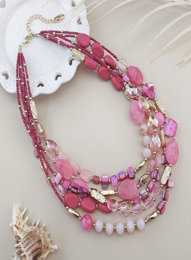 Bocar Multi Layer 5 Strand Statement Collar Beaded Necklace for Women Gift(NK-10376) (Fuchsia Red) - Image 3