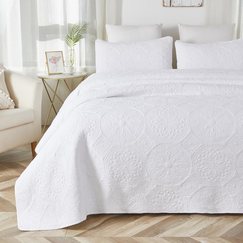 Brandream Luxury Medallion Quilt Bedding Set King Size Cotton Farmhouse Comforter Set Queen Size Bedspread Matelasse Coverlet Set White