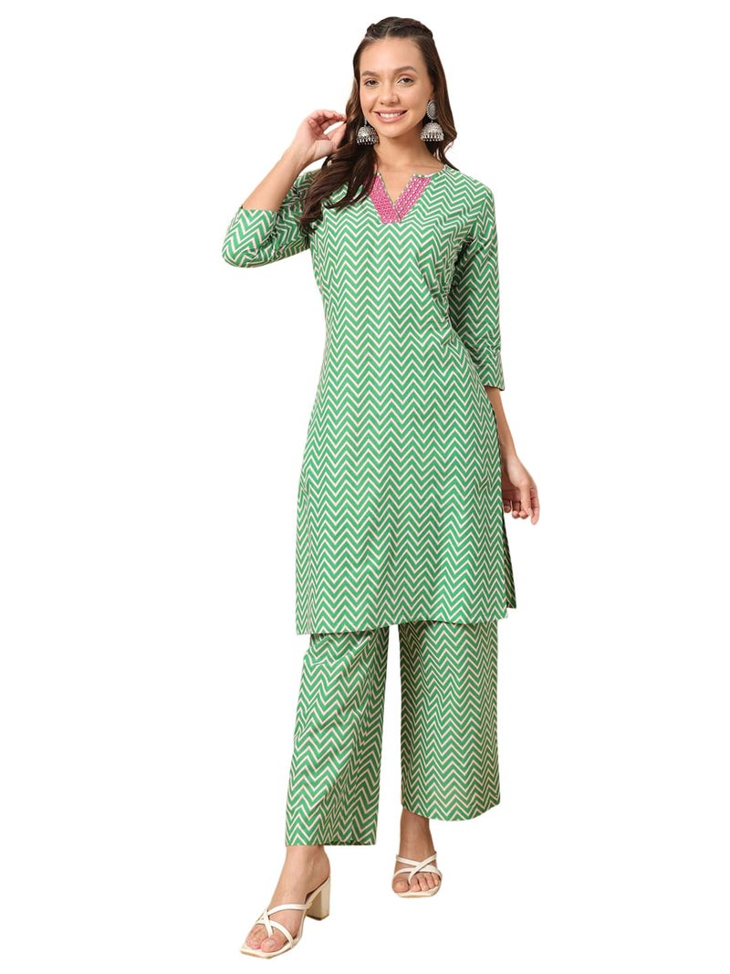 FIORRA Women's Sea Green Cotton Straight Kurta Set - Image 1