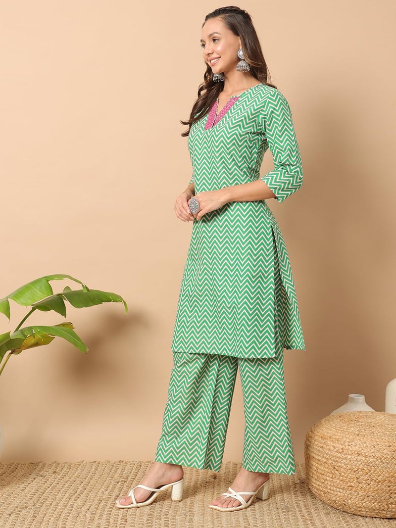 FIORRA Women's Sea Green Cotton Straight Kurta Set - Image 3