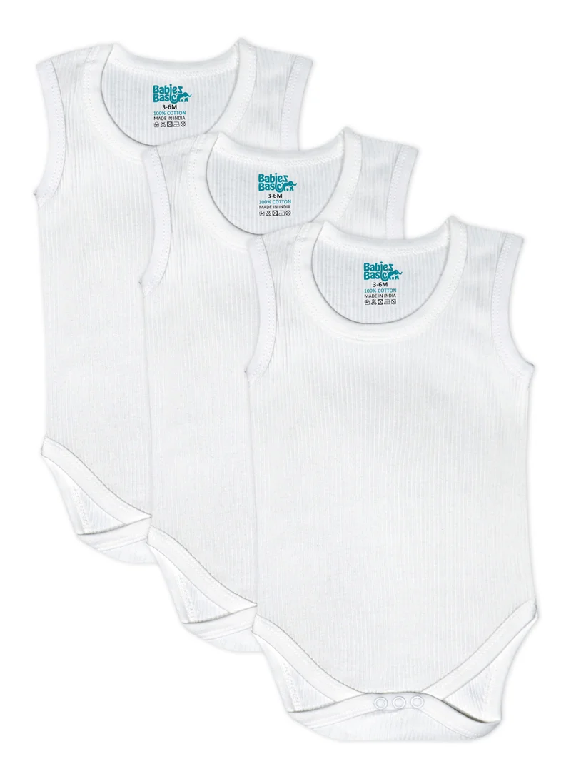 Babies Basic BabiesBasic Super Combed Cotton, Sleeveless Printed Bodysuit, for New Born to 24months. Set of 3, White