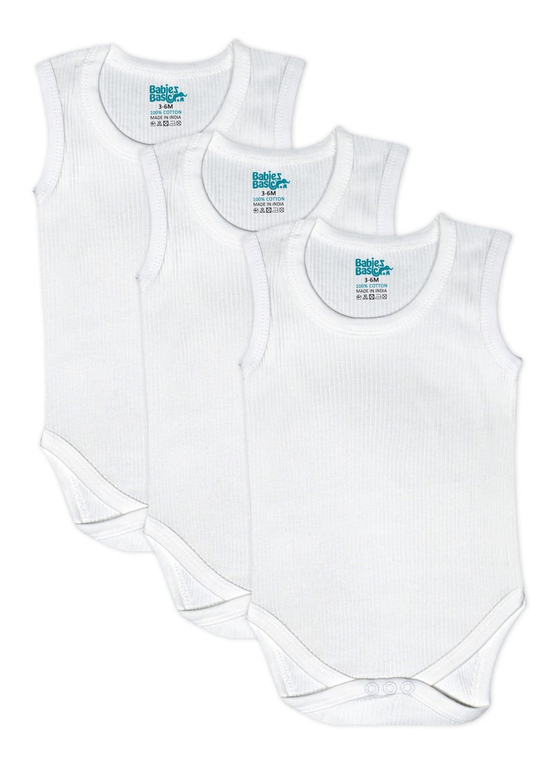 Babies Basic BabiesBasic Super Combed Cotton, Sleeveless Printed Bodysuit, for New Born to 24months. Set of 3, White  - Image 1