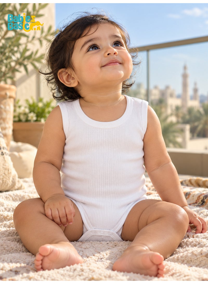 بابيز_بيسك قميص بدون أكمام / بودي سوت من القطن الناعم بنسبة 100٪، للأطفال حديثي الولادة حتى ٢٤ شهرًا. مجموعة مكونة من ٣ قطع - لون أبيض. - Image 2