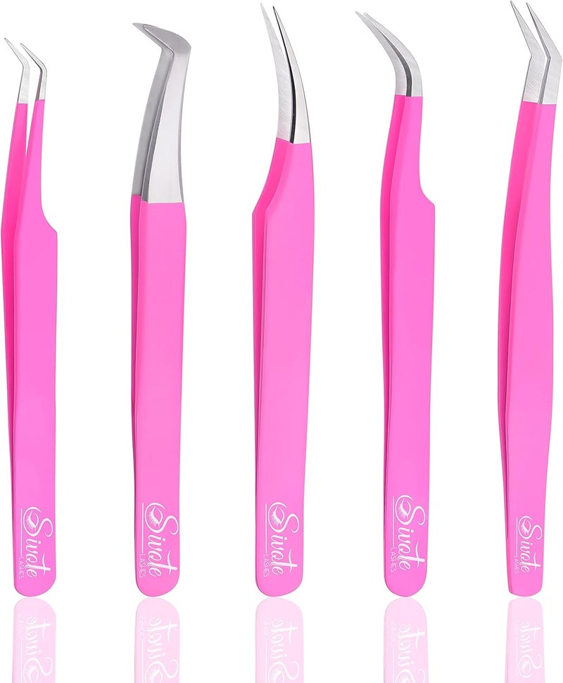 SIVOTE Eyelash Extension Tweezers for Classic  Volume Lashes 5Pack Pink