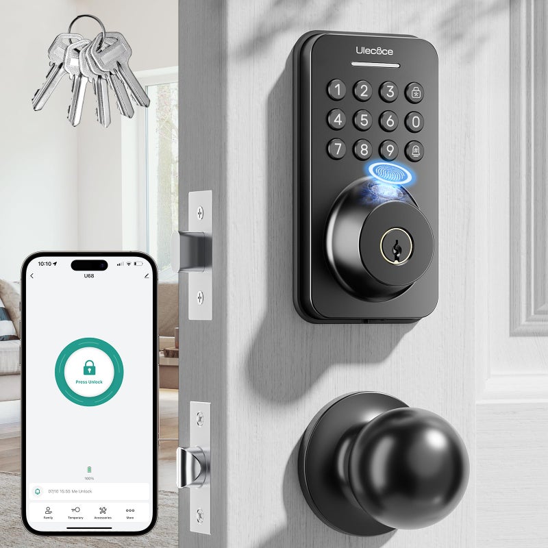 Ulecoce Fingerprint Keypad Deadbolt with Handle Set, Keyless Entry Door Lock, Door Locks for Front Door Lock Set, App Control, Auto Locking, Easy to Install, Matte Black - Image 1