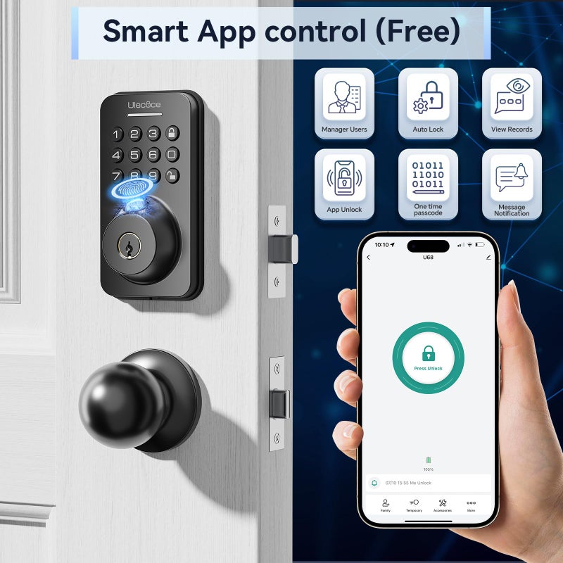 Ulecoce Fingerprint Keypad Deadbolt with Handle Set, Keyless Entry Door Lock, Door Locks for Front Door Lock Set, App Control, Auto Locking, Easy to Install, Matte Black - Image 3
