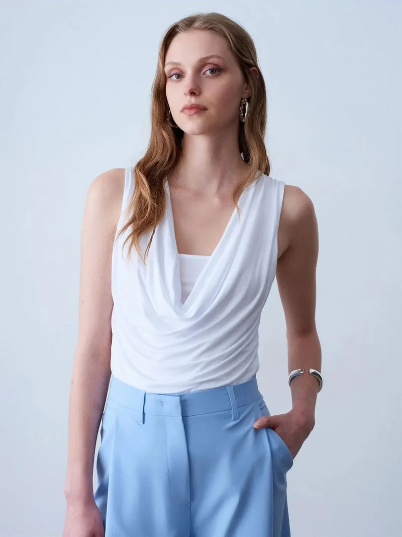 Dilvin DILVIN Sleeveless Cowl Neck Jersey Blouse