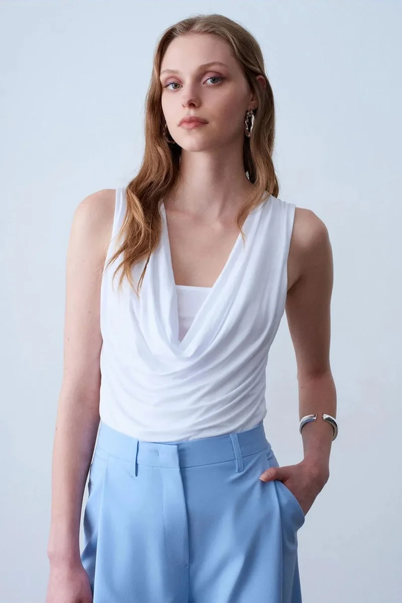 DILVIN Sleeveless Cowl Neck Jersey Blouse