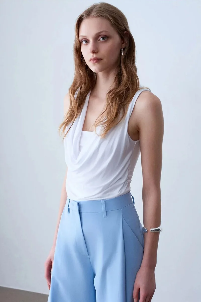 Dilvin White DILVIN Sleeveless Cowl Neck Jersey Blouse for Women | Best Price UAE