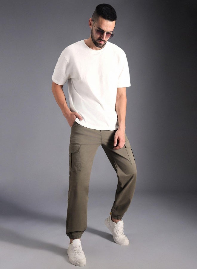 HIGH STAR Men's Light Olive Cotton Blend Solid Pattern Full Length Cargo Straight Fit Trouser - Image 2