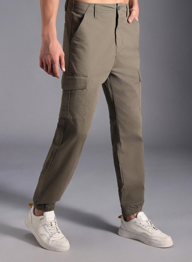 HIGH STAR Men's Light Olive Cotton Blend Solid Pattern Full Length Cargo Straight Fit Trouser - Image 3