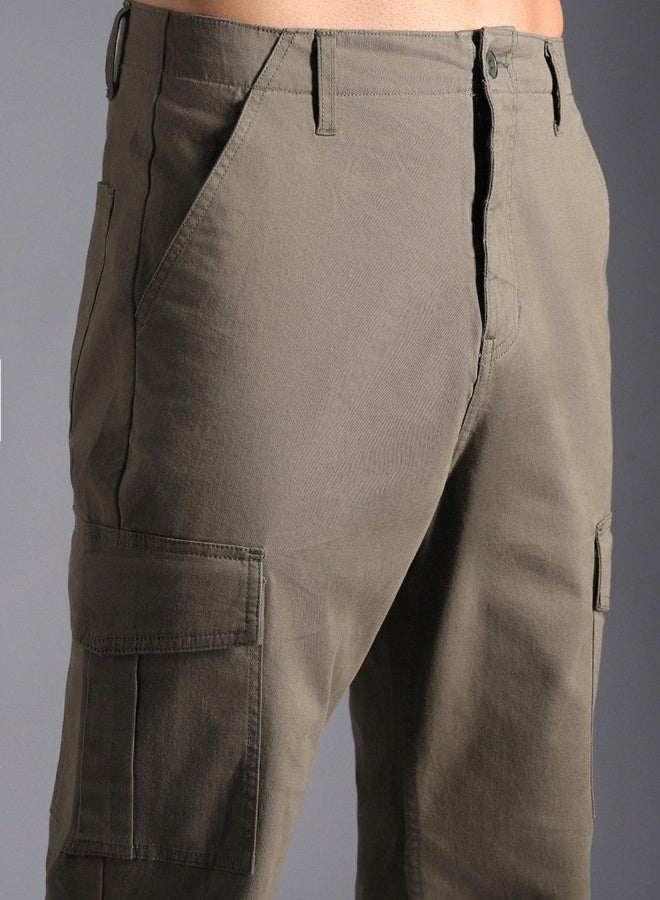 HIGH STAR Men's Light Olive Cotton Blend Solid Pattern Full Length Cargo Straight Fit Trouser - Image 1