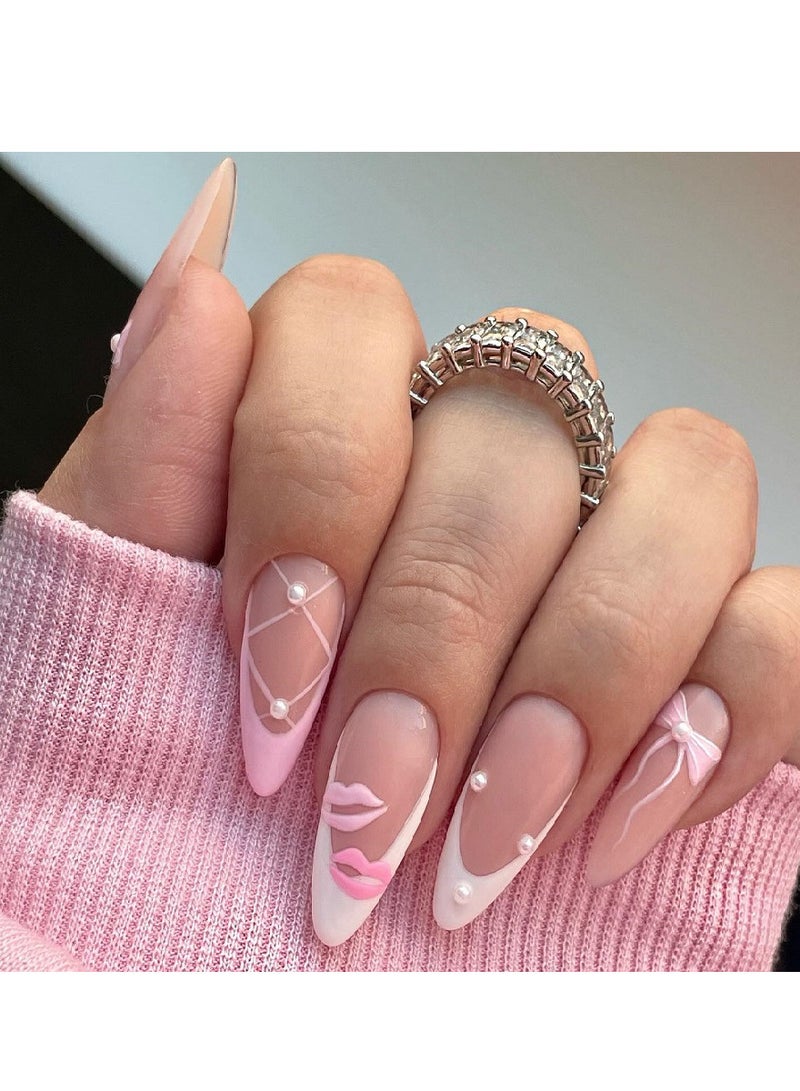 Nail Art Women Manicure，Nails Press on White French Tip Fake Nails Duck Feet Style Full Cover False Nails with Rhinestone ＆ Floral Designs Glossy Stick on Nails Reusable Nails for Kit 24 Pcs - Image 1