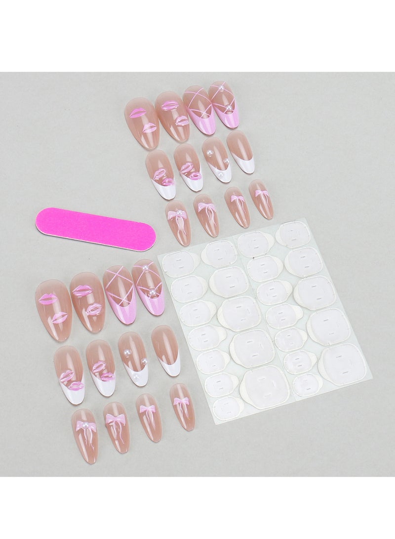 Nail Art Women Manicure，Nails Press on White French Tip Fake Nails Duck Feet Style Full Cover False Nails with Rhinestone ＆ Floral Designs Glossy Stick on Nails Reusable Nails for Kit 24 Pcs - Image 5