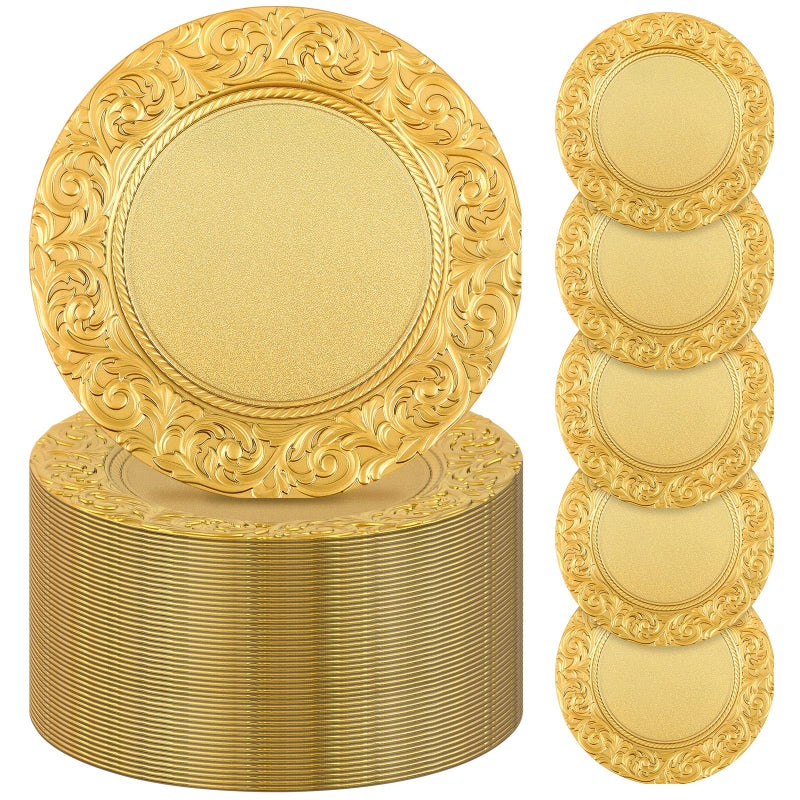Uiifan Antique Charger Plates Bulk 13 Plastic Embossed Dinner Plate Chargers Round Floral Plates for Wedding Decorative Chargers for Table Dinner Kitchen Party Decoration Gold100 Pcs