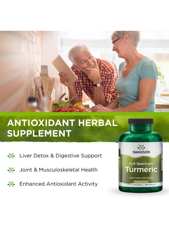 SWANSON Turmeric Antioxidant, Joint Health, Cardiovascular, Liver Detox, Mood and Memory Support Supplement Curcuma Longa (Rhizome) 720 mg, 240 Capsules, 120 Servings, 1.44 Grams per Serving - Image 4