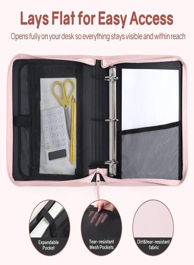 SUNEE Zippered Binder Bag with Handle, 2-Inch 3-Ring O-Ring, 500-Sheet Capacity, Includes Zip Pocket, 5-Tab Expanding File Folder, Multi-Pocket Organizer Binder for Middle School, Pink Lotus - Image 4