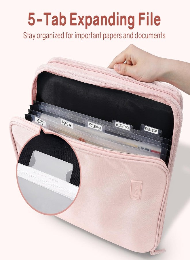SUNEE Zippered Binder Bag with Handle, 2-Inch 3-Ring O-Ring, 500-Sheet Capacity, Includes Zip Pocket, 5-Tab Expanding File Folder, Multi-Pocket Organizer Binder for Middle School, Pink Lotus - Image 2