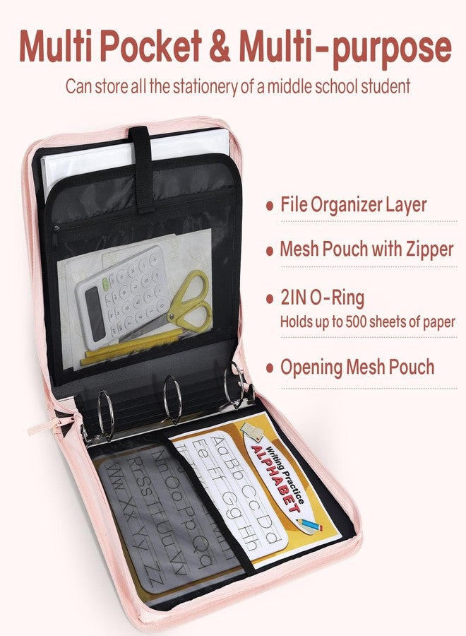 SUNEE Zippered Binder Bag with Handle, 2-Inch 3-Ring O-Ring, 500-Sheet Capacity, Includes Zip Pocket, 5-Tab Expanding File Folder, Multi-Pocket Organizer Binder for Middle School, Pink Lotus - Image 3