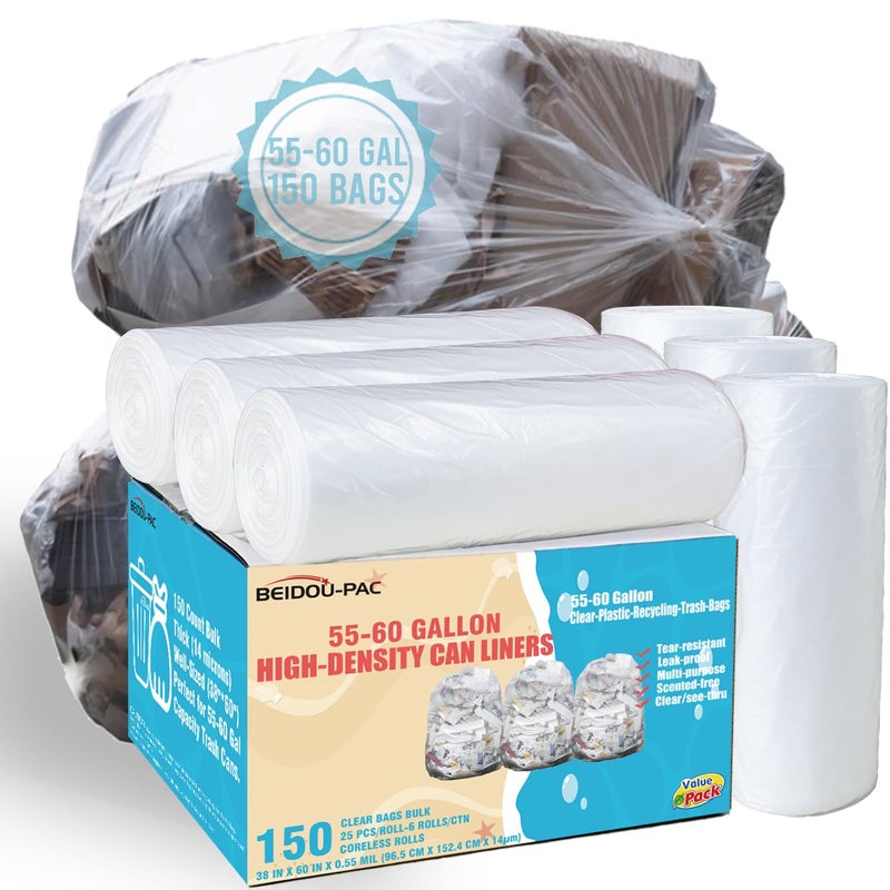 BEIDOU-PAC BEIDOUPAC 5560 Gallon Trash Bags 150 Count Bulk Heavy Duty Clear Plastic Recycling Garbage Bags Multipurpose Can Liners for Business Home Commercial Industrial Contractors Storage Outdoor - Image 3