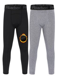 Kids Fleece Lined Leggings - 2 Pack Boys Thermal Tights Youth Sports Basketball Compression Pants For Cold Weather