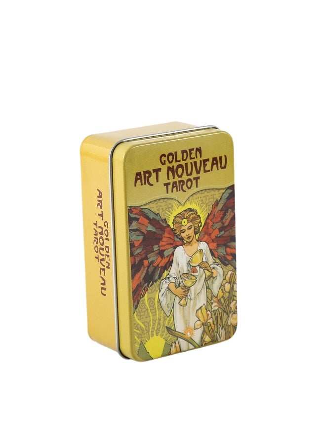 NIBEMINENT Golden Art Nouveau style Tarot cards, with orange-gold edges, a metal tin of the texture, measuring 10 cm × 6 cm, accompanied by a paper user manual, suitable for gaming use. - Image 2