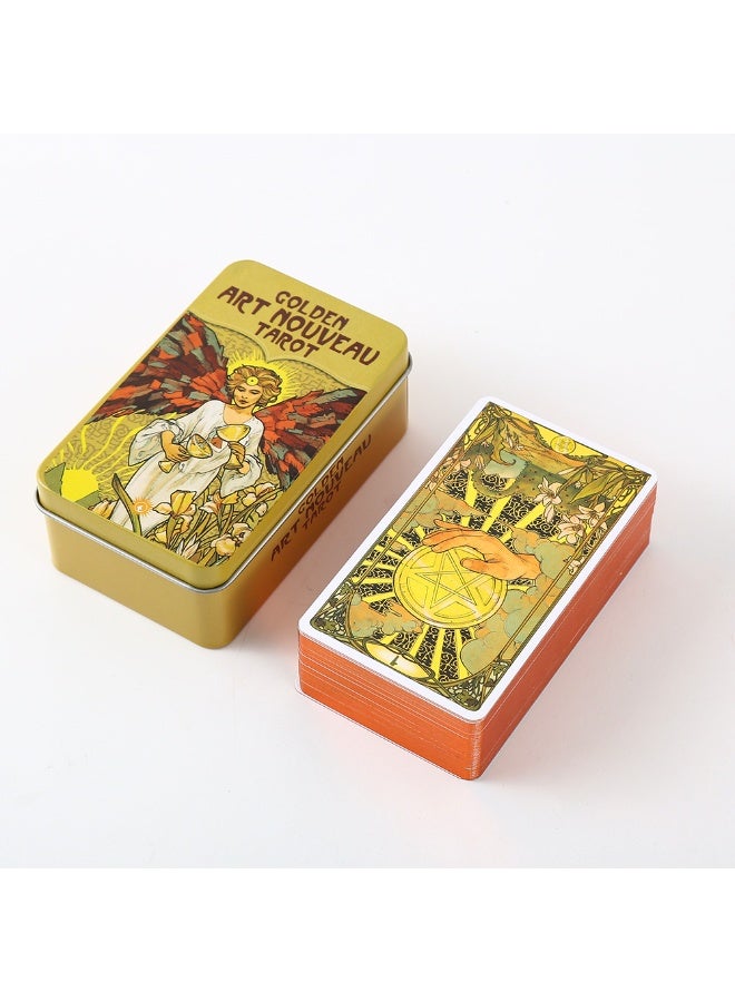 NIBEMINENT Golden Art Nouveau style Tarot cards, with orange-gold edges, a metal tin of the texture, measuring 10 cm × 6 cm, accompanied by a paper user manual, suitable for gaming use. - Image 1