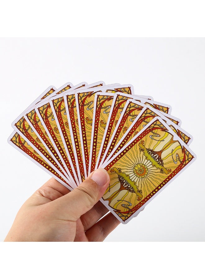 NIBEMINENT Golden Art Nouveau style Tarot cards, with orange-gold edges, a metal tin of the texture, measuring 10 cm × 6 cm, accompanied by a paper user manual, suitable for gaming use. - Image 3