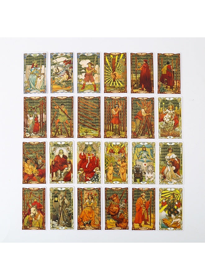 NIBEMINENT Golden Art Nouveau style Tarot cards, with orange-gold edges, a metal tin of the texture, measuring 10 cm × 6 cm, accompanied by a paper user manual, suitable for gaming use. - Image 4