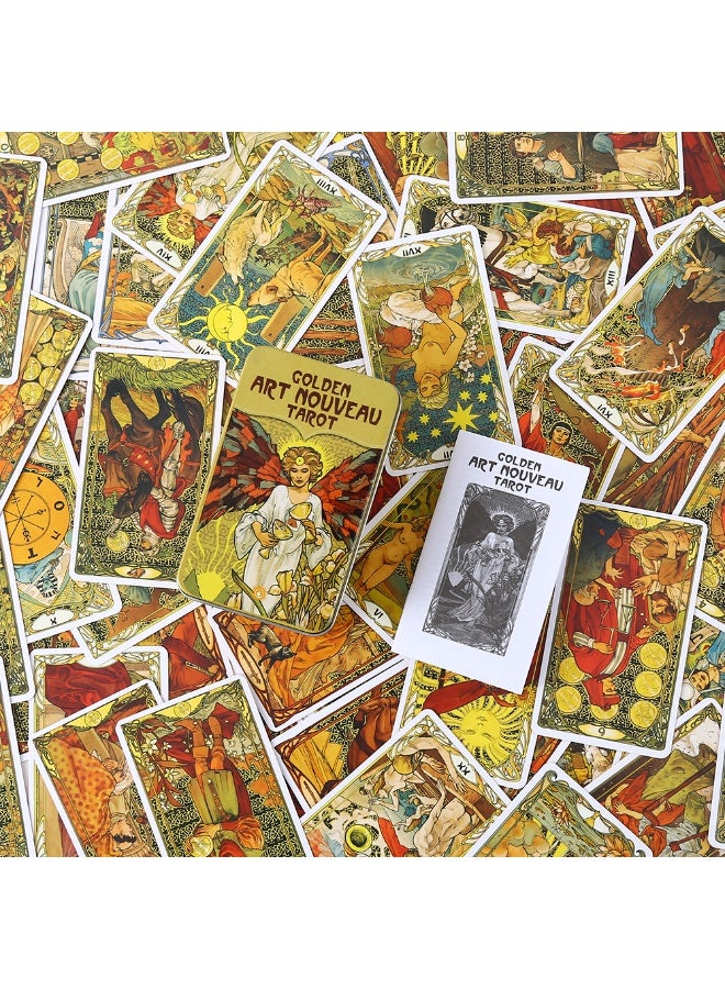 NIBEMINENT Golden Art Nouveau style Tarot cards, with orange-gold edges, a metal tin of the texture, measuring 10 cm × 6 cm, accompanied by a paper user manual, suitable for gaming use. - Image 5