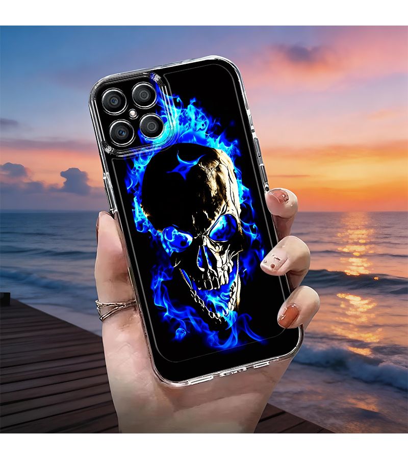 Phone Case Compatible With Huawei Honor Y9s Metal Texture Skull Blue Flame Design Pattern Cover - Image 3