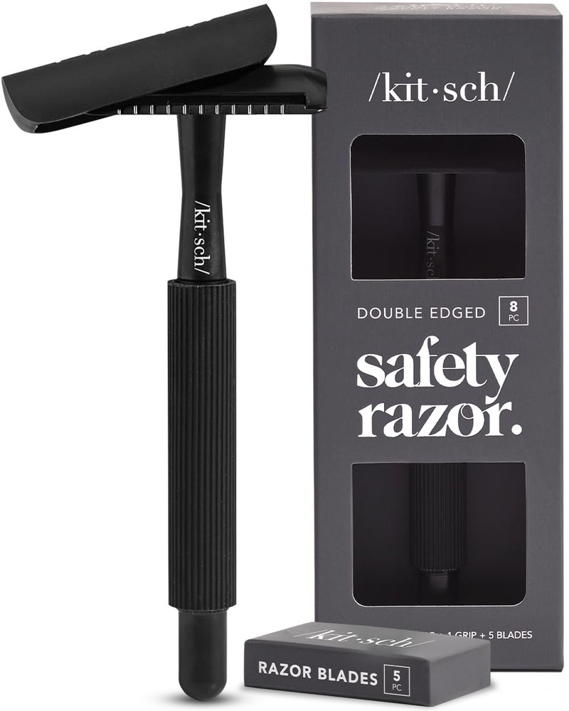 Kitsch Double Edge Safety Razors for Women and Men with 5 Blade Refills Extra Long Handle  Silicone Cap Reusable Single Blade Razor for Shaving and Travel Essentials  Black