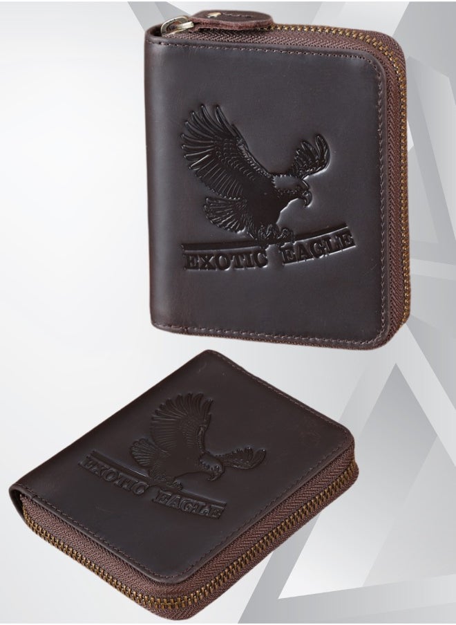 EXOTIC EAGLE Men Wallet Round Zipper with Original YKK Zipper, RFID Funcation, Coin Pocket Wallet & Note Comoartment 100% Full Grain Leather With 8 Card Slots (Coffee)