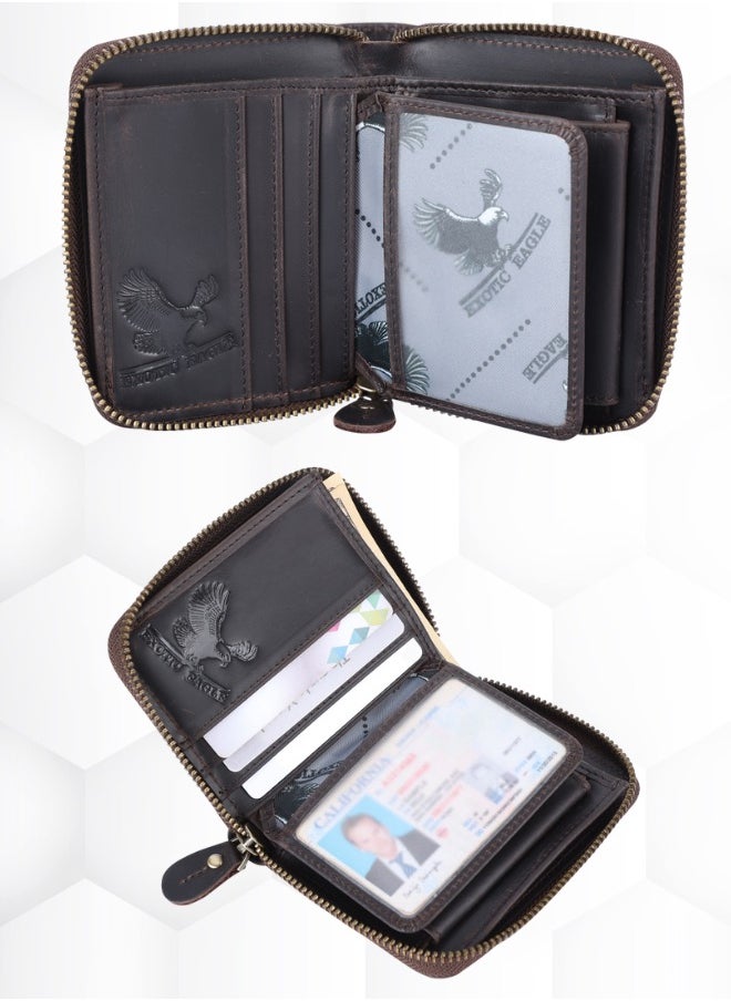EXOTIC EAGLE Men Wallet Round Zipper with Original YKK Zipper, RFID Funcation, Coin Pocket Wallet & Note Comoartment 100% Full Grain Leather With 8 Card Slots (Coffee)