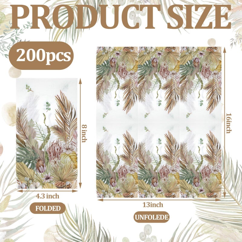 Moinchore 200 Pieces Boho Leaves Decorative Paper Napkins Floral Guest Napkins Tan Leaf with Floral Paper Hand Towels for Bathroom Disposable Hand Towels for Baby Shower Holiday Party Supplies - Image 1