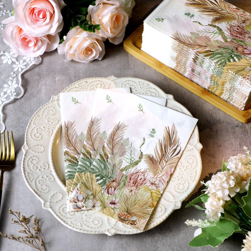 Moinchore 200 Pieces Boho Leaves Decorative Paper Napkins Floral Guest Napkins Tan Leaf with Floral Paper Hand Towels for Bathroom Disposable Hand Towels for Baby Shower Holiday Party Supplies - Image 2