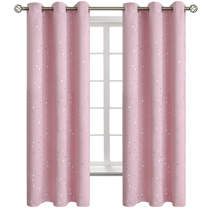 KIDS BLACKOUT CURTAINS FOR BEDROOM GROMMET THERMAL INSULATED SILVER STAR PRINT ROOM DARKENING CURTAINS FOR KIDS ROOM SET OF 2 PANELS 42 X 63 INCH BABY PINK