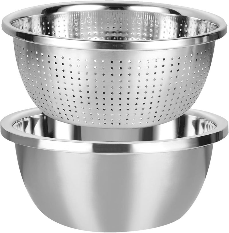 Snevad Stainless Steel Colander with Mixing Bowl Set – 2-Piece Rust-Proof Strainer & Deep Mixing Bowl for Washing Vegetables, Draining Pasta, Mixing – Food Grade, Durable, Dishwasher Safe, 20 Cm - Image 1