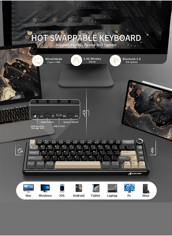 ATTACK SHARK X66 Wireless Mechanical Gaming Keyboard with Knob,Tri Mode USB-C/BT5.0/2.4G Gasket Mounted 60% RGB Gaming Keyboard 66Keys,PBT Keycap, Hot Swappable Custom Strawberry Switch(Star Black)