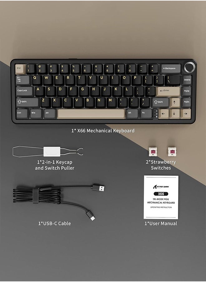 ATTACK SHARK X66 Wireless Mechanical Gaming Keyboard with Knob,Tri Mode USB-C/BT5.0/2.4G Gasket Mounted 60% RGB Gaming Keyboard 66Keys,PBT Keycap, Hot Swappable Custom Strawberry Switch(Star Black)