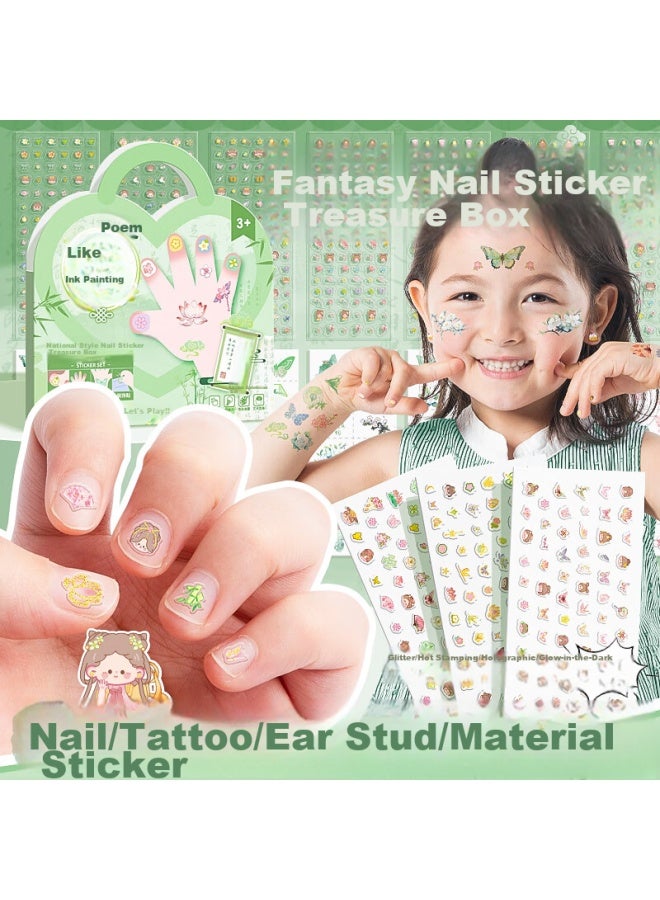 Kaba Bear Kabaxiong Children's Nail Stickers Set 800 Pieces, High-quality Chinese-style Girls' Luminous Diy Nail Art Embossed Stickers, Poetry-inspired Ink-like Design - Image 1